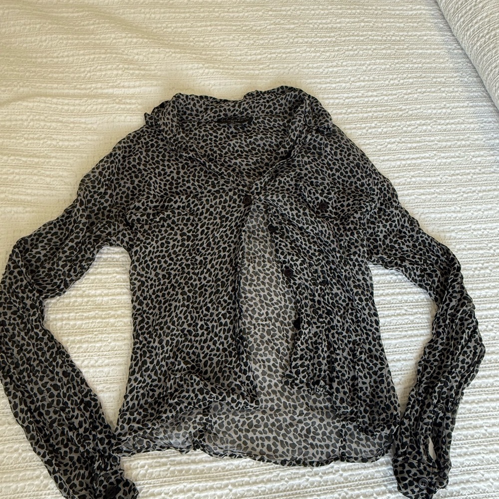 Fashion Magazine Black and Gray Sheer Leopard Print Blouse